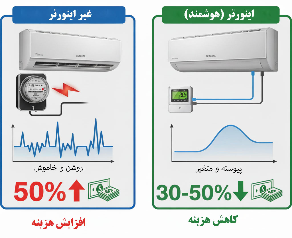 اجنرال | اینورتر اینفوگرافی مقایسه کولر گازی اجنرال اینورتر در برابر معمولی